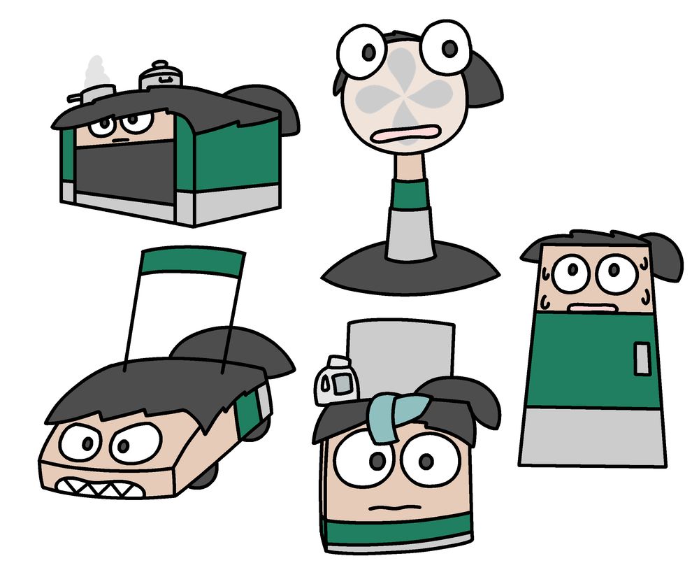 A cartoon human character in the shapes of an oven, a lawnmower, a pedestal fan, a washing machine, and a fridge