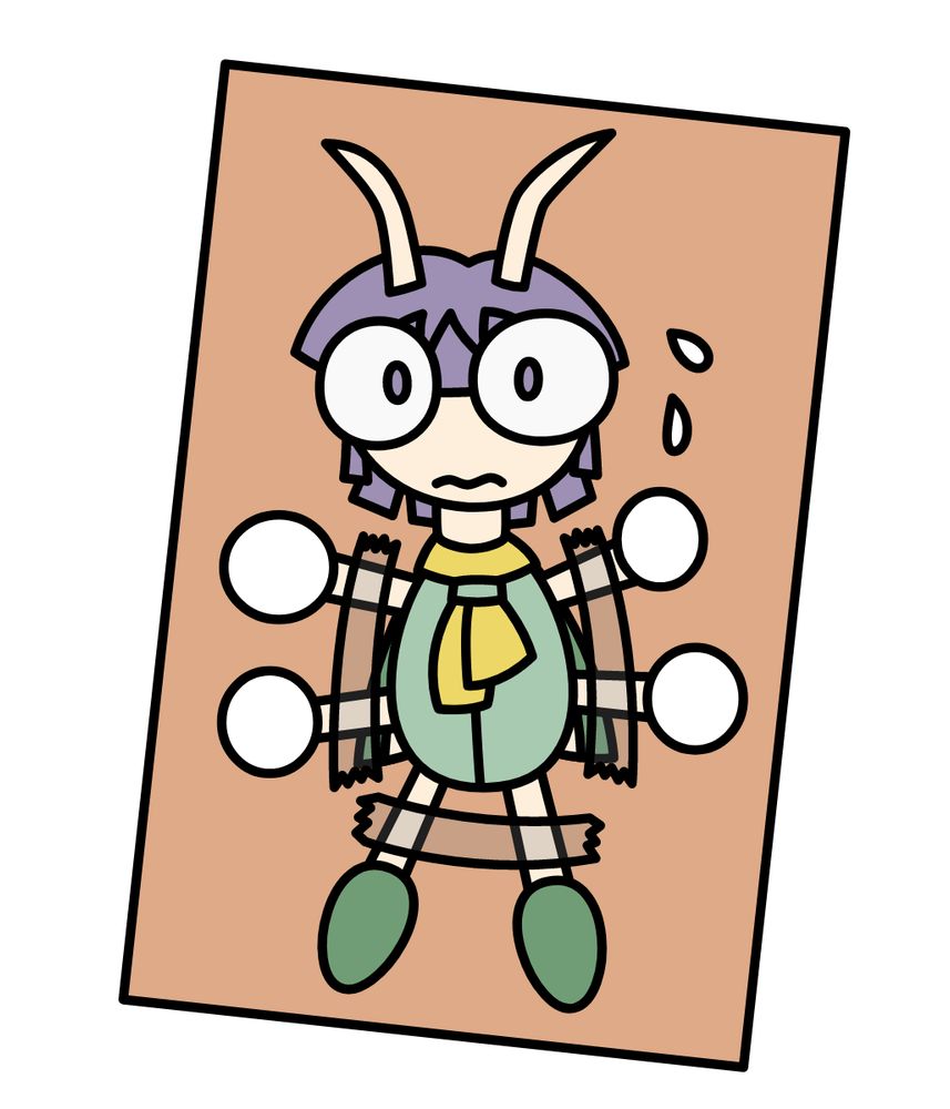 Bugsy from Pokemon Gold as a green Ledian, with his arms and legs taped down, looking worried