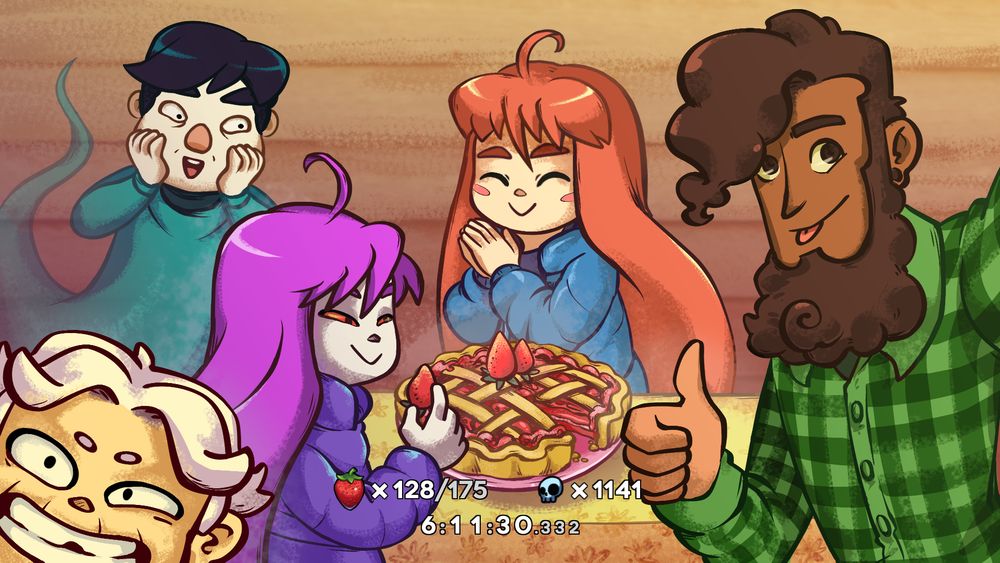my end screen for Celeste. I beat the game with 128/175 strawberries, died 1141 times, and beat the game in 6 hours and 11 minutes. The screen shows all the main characters from Celeste enjoying a strawberry pie.