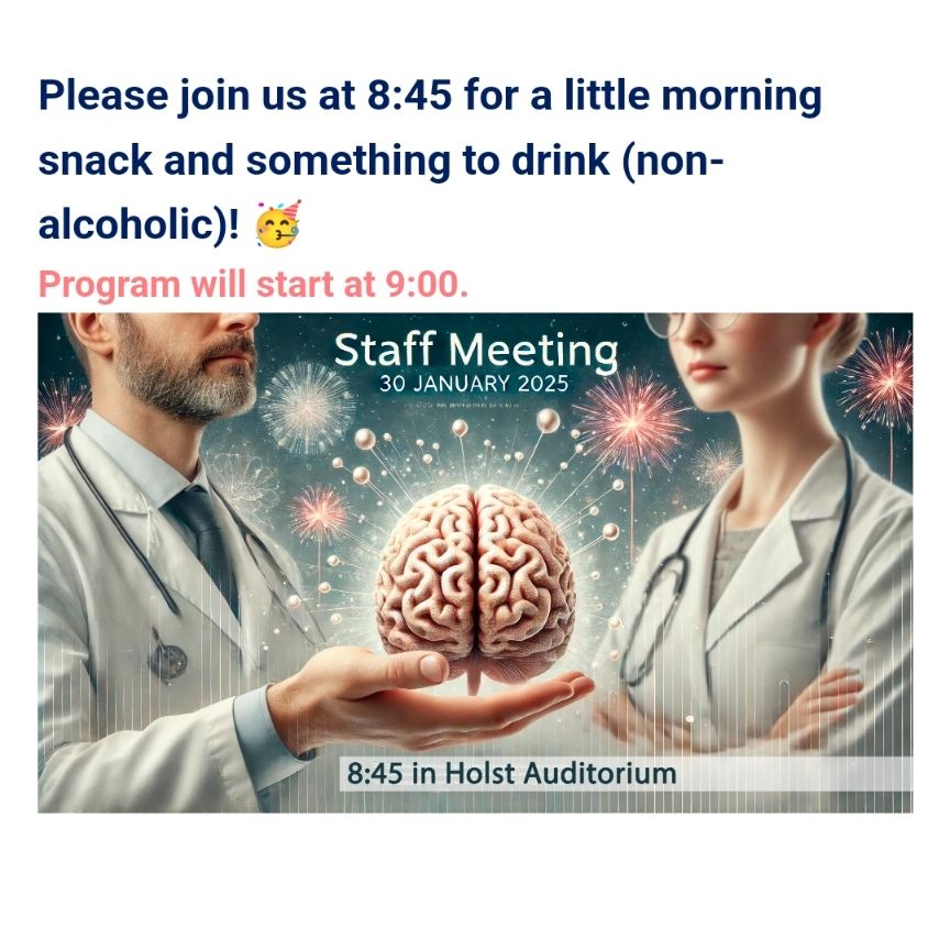 Picture with scientists and a text saying: "Please join us at 8:45 for a little morning snack and something to drink (non-alcoholic)!."