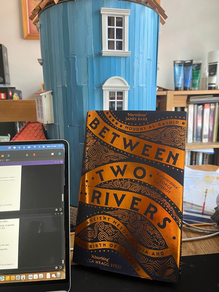 The book Between Two Rivers with gold text and ribbon-like rivers on the cover. It is propped against a big blue model of the Moomin House and there is a laptop screen partially visible on the left hand side. Book shelves and boxes in the background (standard messy academic chic).