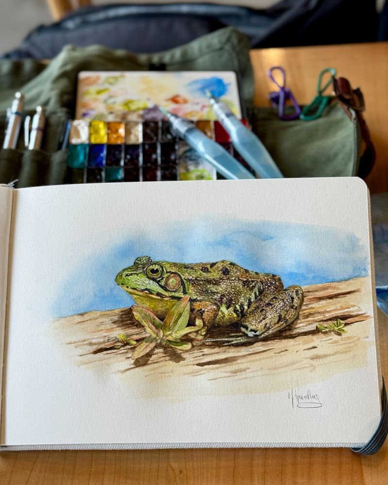 A detailed watercolor painting of a frog resting on a log is surrounded by art supplies, including a palette and brushes.