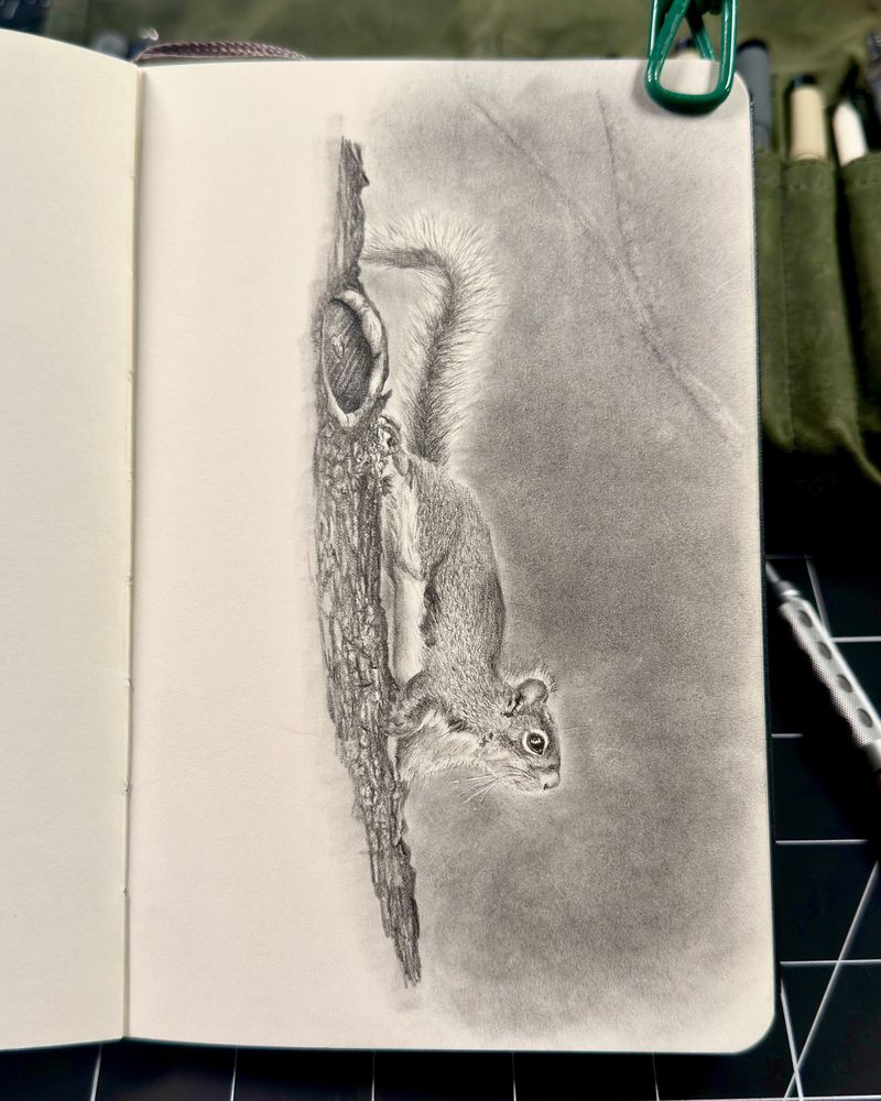 Realistic graphite drawing of a red squirrel clinging upside down to tree bark with a detailed, softly shaded background.