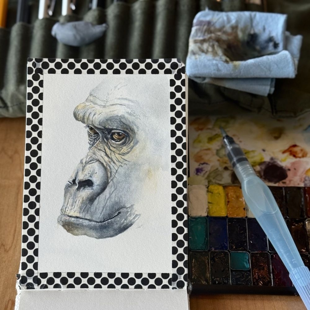 Watercolor painting of a gorilla’s face in three-quarter view, taped with polka dot tape to a sketchpad. A water brush and compact palette sit nearby on a wooden table, with brushes and a paint-stained cloth in the background.