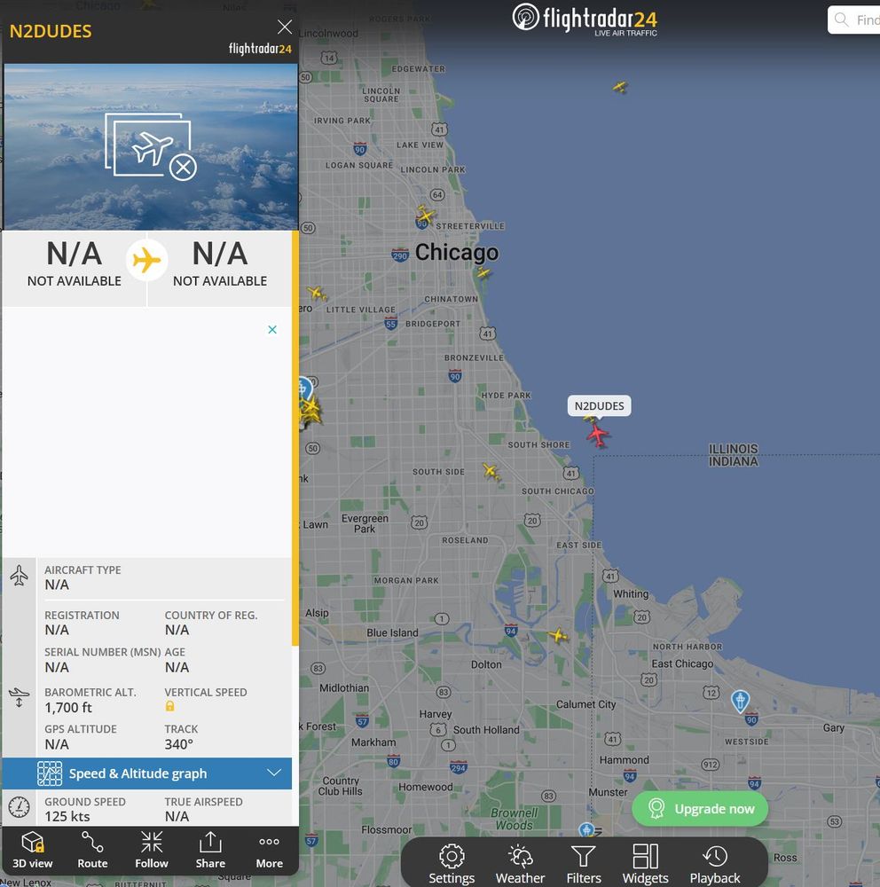 Screengrab of flight traffic showing a plane with the callsign N2DUDES