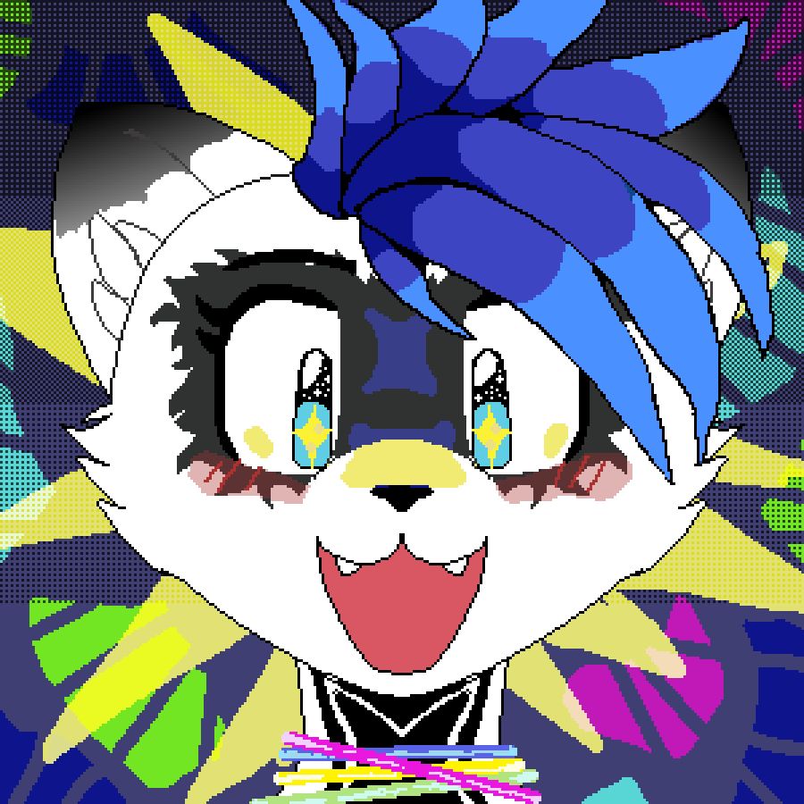 Cania, a racoon/cat hybrid creature, has a happy bright-eyed expression with a big smile on her face. She has blue hair that sprouts many directions, fur that is black and white. She wears 4 glowstick necklaces. The background is multicolored with green, blue, cyan, and hot pink, behind her head a flash of yellow bright light. 