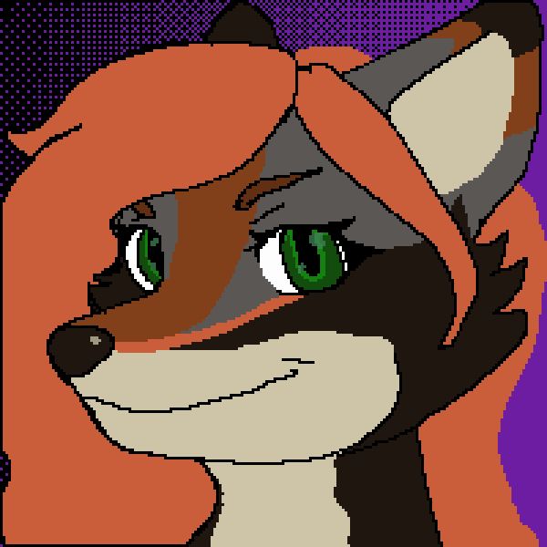 Pixel art icon of Nico, a redwolf, who has long autumn red hair, green eyes that shine, and has a pattern of a beige, dark brown, rusty red to her fur. The background is a purple dithering to black. 