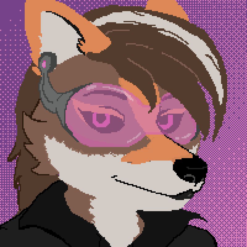 Pixel art of the Korps Super Villain Volta!
The background is a dithered pink and purple. 
Volta is a red wolf, with long brown hair, a streak of white like lightning in her hair, She has a pattern of orange and brown and is wearing a leather jacket. Her Rose Colored Glasses are held up by a band that also doubles as an ear piece. 