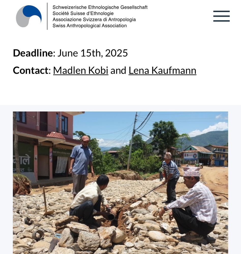 Screenshot of the conference announcement if the Swiss Anthropological Association, showing a photo from Matthäus Rest of four men digging up a street.