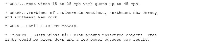 * WHAT...West winds 15 to 25 mph with gusts up to 45 mph.

* WHERE...Portions of southern Connecticut, northeast New Jersey,
and southeast New York.

* WHEN...Until 1 AM EST Monday.

* IMPACTS...Gusty winds will blow around unsecured objects. Tree
limbs could be blown down and a few power outages may result.