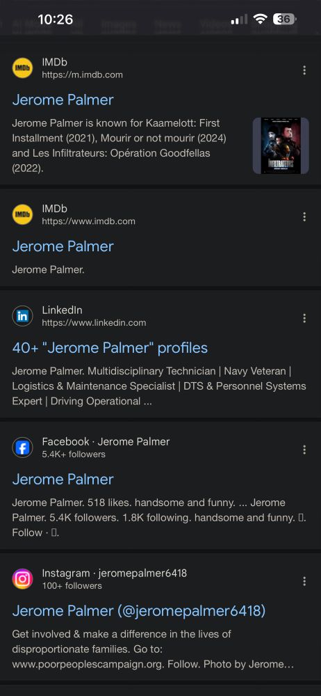 Screenshot of a search result showing IMDB, LinkedIn, Facebook, and Instagram entries, but nothing about photography, filmography, journalism, or this event.