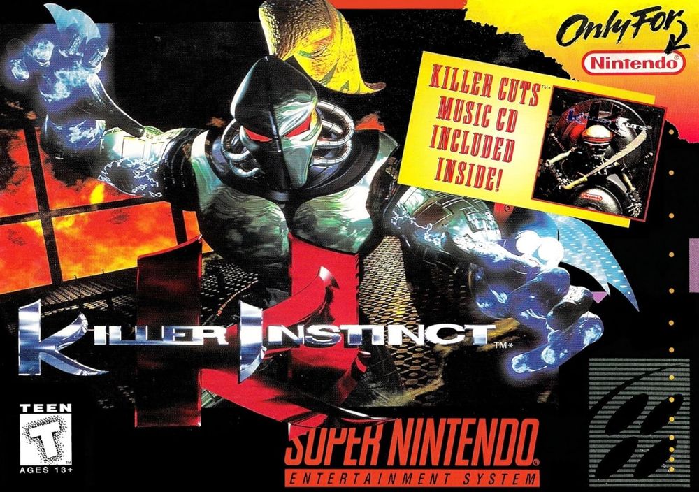 Super Nintendo game Killer Instinct box featuring a silver robot with electrified claws, glowing red eyes, and a blond ponytail (for reasons!) and a big box indicating the “Killer Cuts” music cd is included.