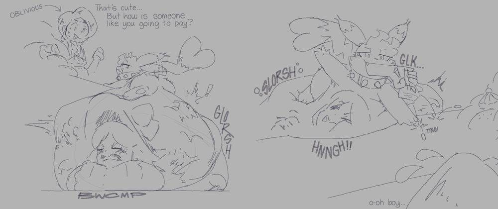 first panel: battychu having eaten a lady trainer, trying to buy a bunch of poffins and pokepuffs from the store clerk. second panel: the pikachu tries paying for them by getting the lady to reach out of battychu's mouth with her excess amount of poke dollars