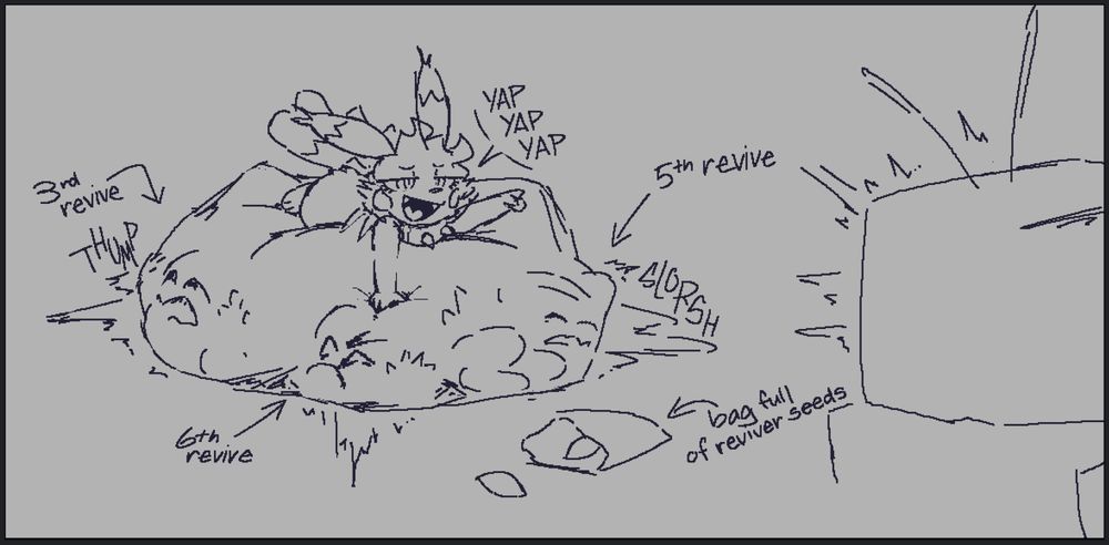 battychu having eaten a whole rescue team, popping reviver seeds whenever one of them faints inside their gut. they also happen to be yapping about whatever is going on the tv
