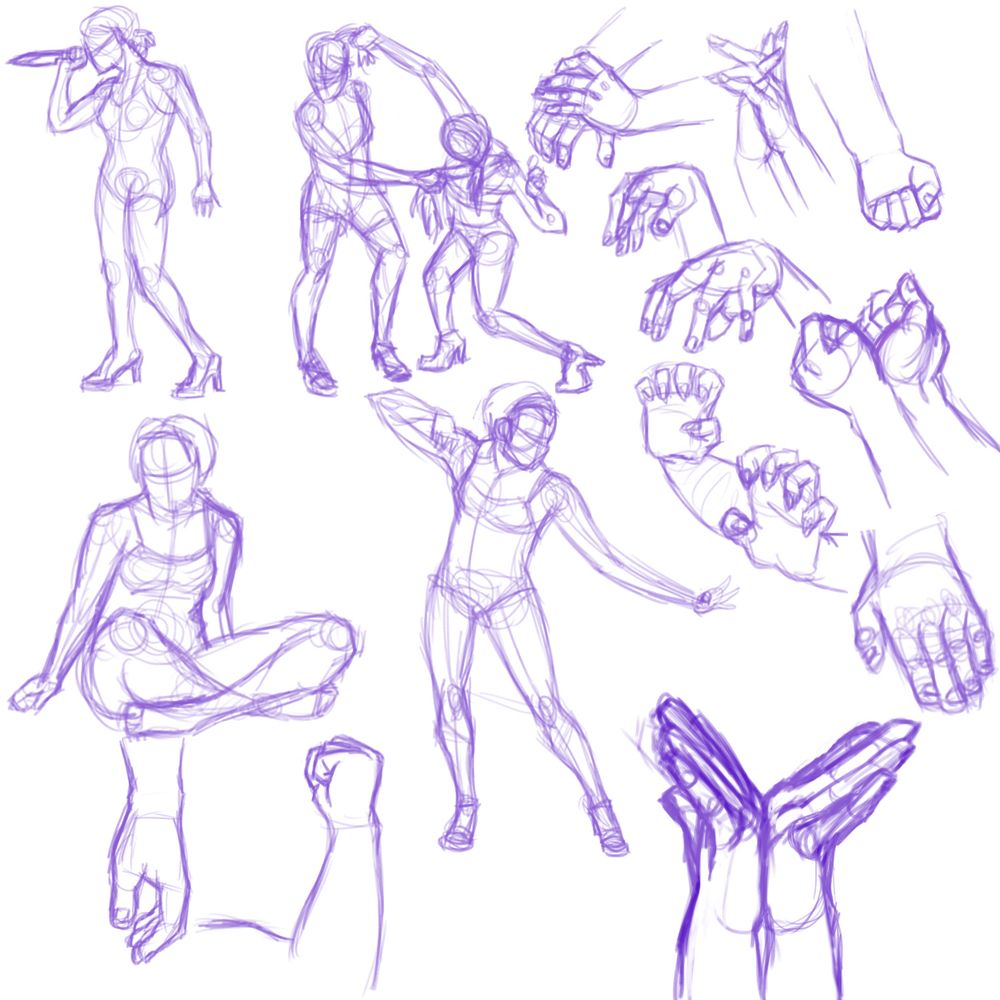 rough digital sketches of hands and more women in various poses