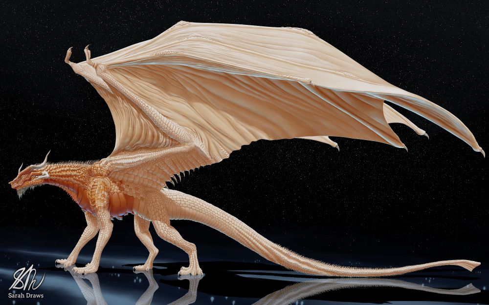 Creature Concept: Fire Dragon (white version)

A white dragon with pale orange head, neck, and chest faces left. It stands on a bluish mirror-like surface that is lit up with streaks of blue light.

Its wings are a white similar to its scales, and huge compared with the rest of its body. Its tail is also elongate, and is patterned with rows of spiky barbs that can also be found on its neck.

3 pairs of horns grow from its head, two on the top, and one that curves around like a tusk on the back of its jaw. A short beard of grey fur grows from the bottom of its head, longest under the tip of the chin.

Art by @sarahdraws8.bsky.social.