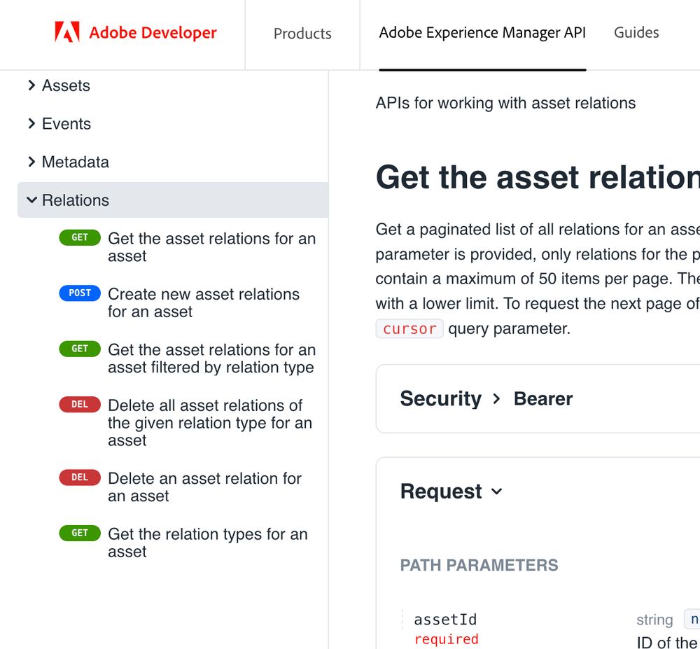 A screenshot of the relations API definition in the API spec on the Adobe developer website.