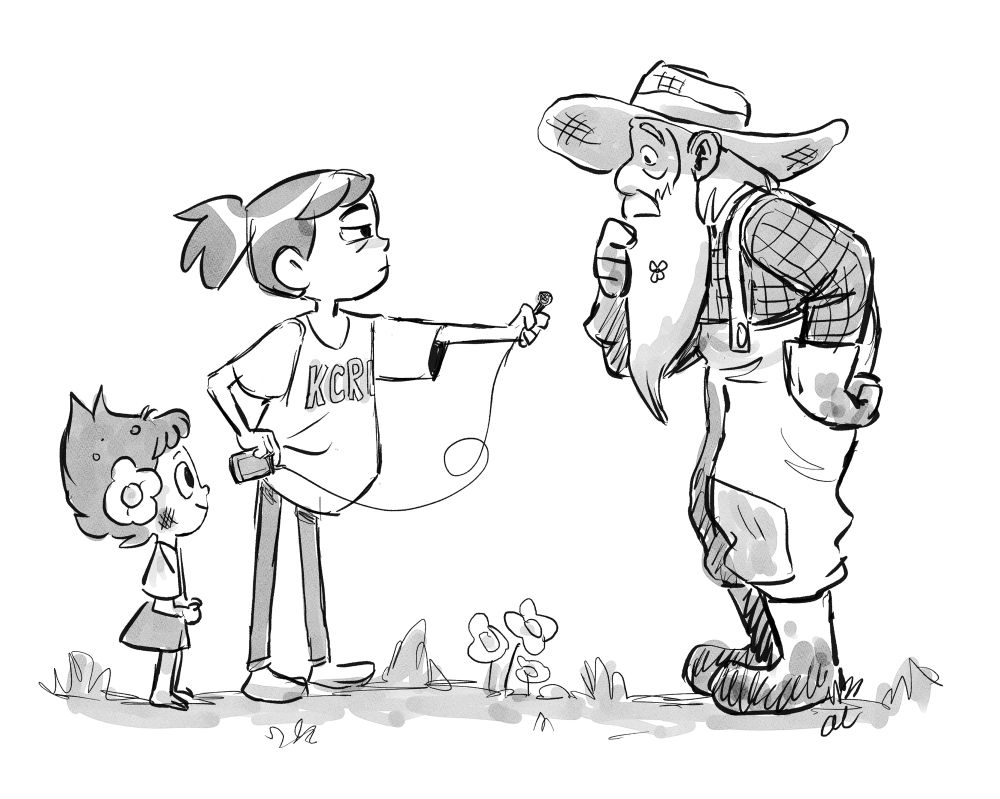 A teen and her small friend interview a man with a tiny microphone 