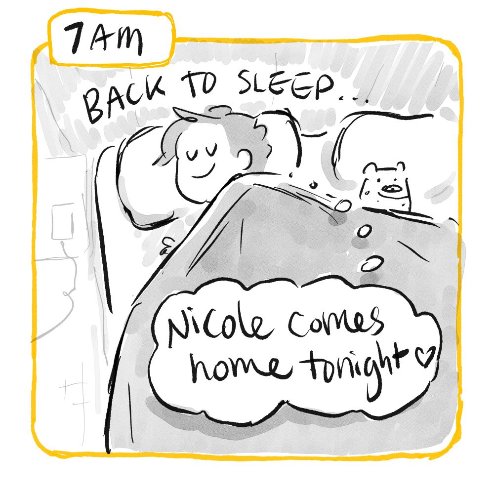 7am: A lady sleeps peacefully in bed and thinks "Nicole comes home tonight"