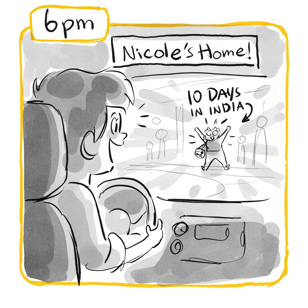 6pm: Text: "Nicole's home!" Nicole stands centered in panel at the airport, happy. Text points to her "10 days in India." Amelia in foreground driving her car is headed to Nicole to pick her up.