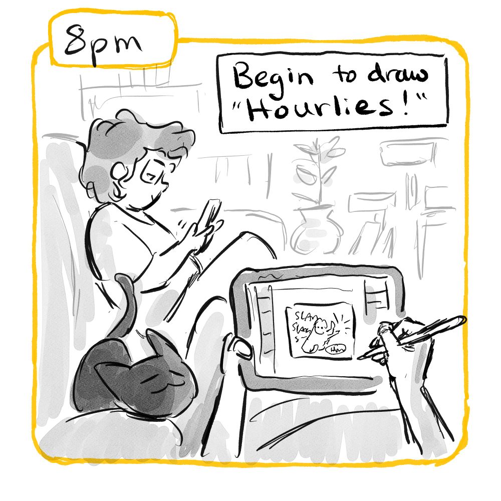 8pm: "Begin to draw Hourlies!" A point-of-view angle of Amelia drawing the comics on an ipad. A black cat snuggles next to her, and Nicole sits in the background on her phone.
