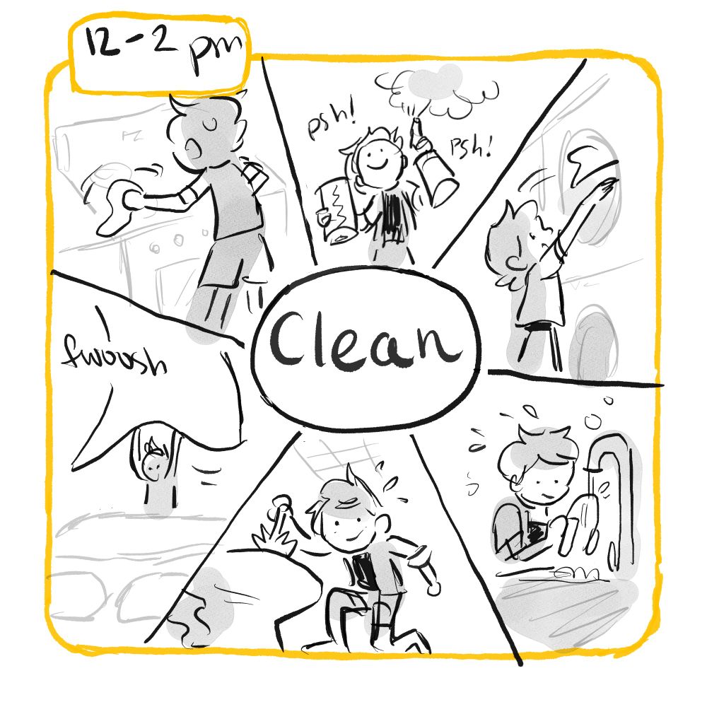 12- 2pm: The word "Clean" is centered around a wheel design of 6 other miniature panels, each showing the lady cleaning somewhere in the house.