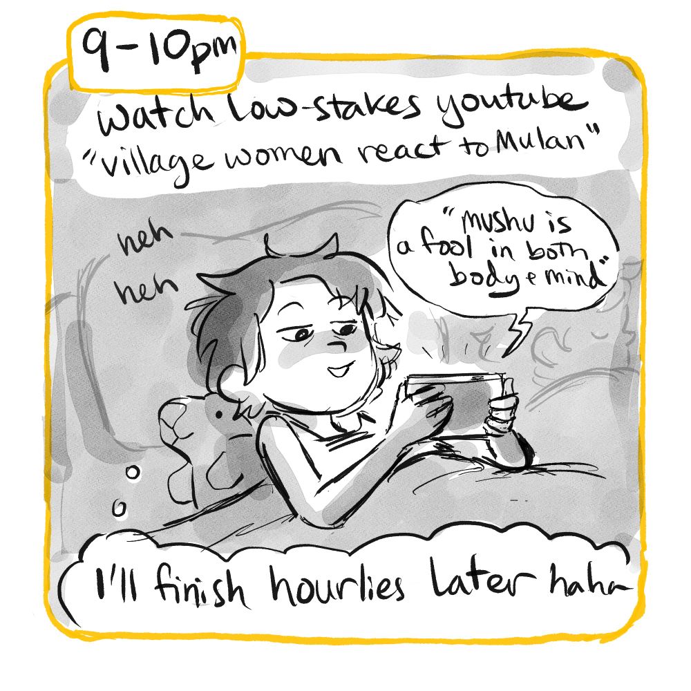 9-10pm: "Watch low stakes youtube "Village women react to Mulan." Amelia lays in bed laughing at her phone. Dialog from the phone "Mushu is a fool in both body and mind." Thought bubble at bottom of panel: "I'll finish hourlies later haha"