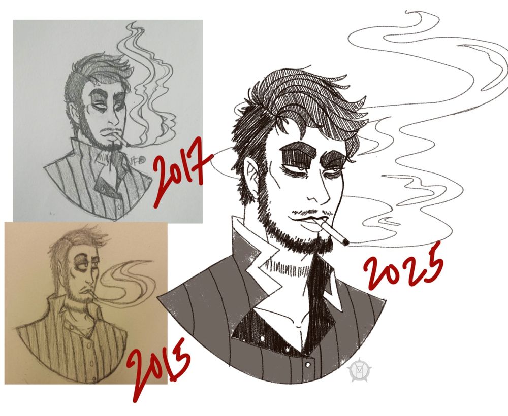 Three images of my original character, Dexter. They all show the same thing: A man facing to the right with shadowed eyes smirking with a cigarette hanging from his mouth. He’s wearing a dark, striped shirt with half the collar popped. There’s a rope scar around his neck
The images are from 2015, 2017, and 2025