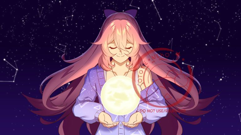 Half body illustration of a long, pink haired Vtuber. Her eyes are closed as she holds a floating yellow moon in her hands against the starry sky.