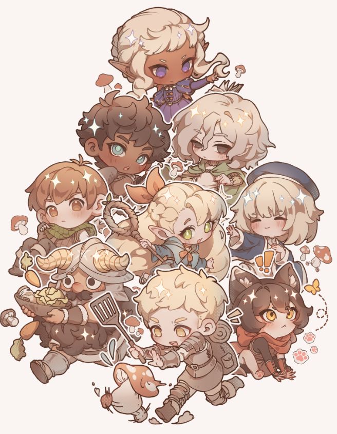 Group picture of 9 chibi characters from dungeon meshi (Thistle, Kabru, Mithrun, chilchuck, Marcille, Falin, Senshi, Laios and Izutsumi.)