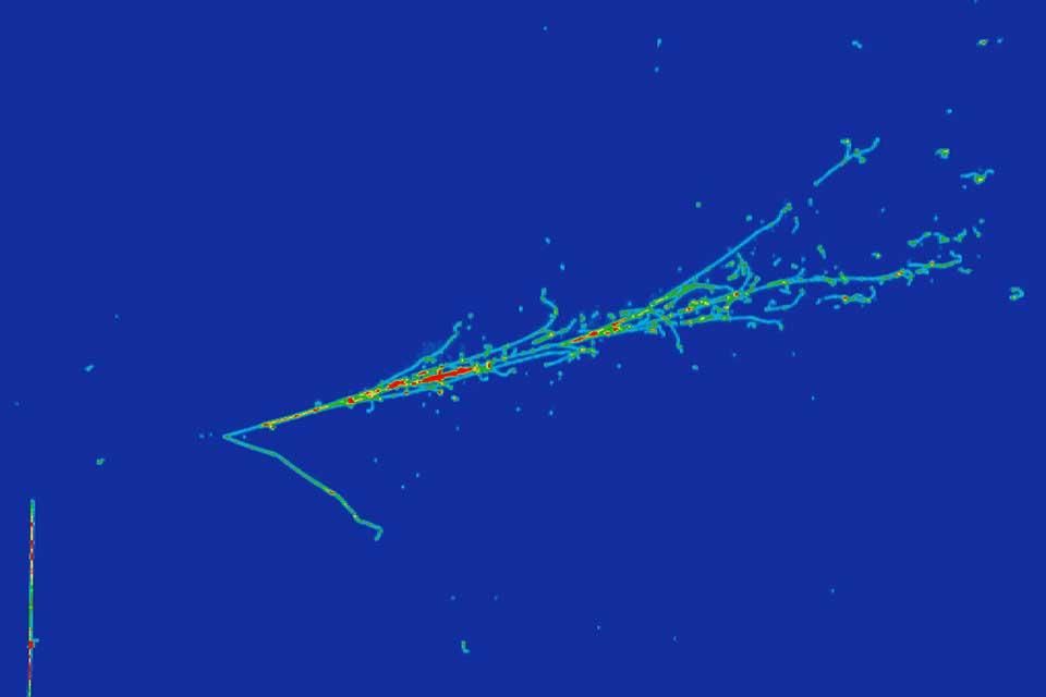 Event display of a candidate electron neutrino charged current interaction with a charged pion in the MicroBooNE detector.