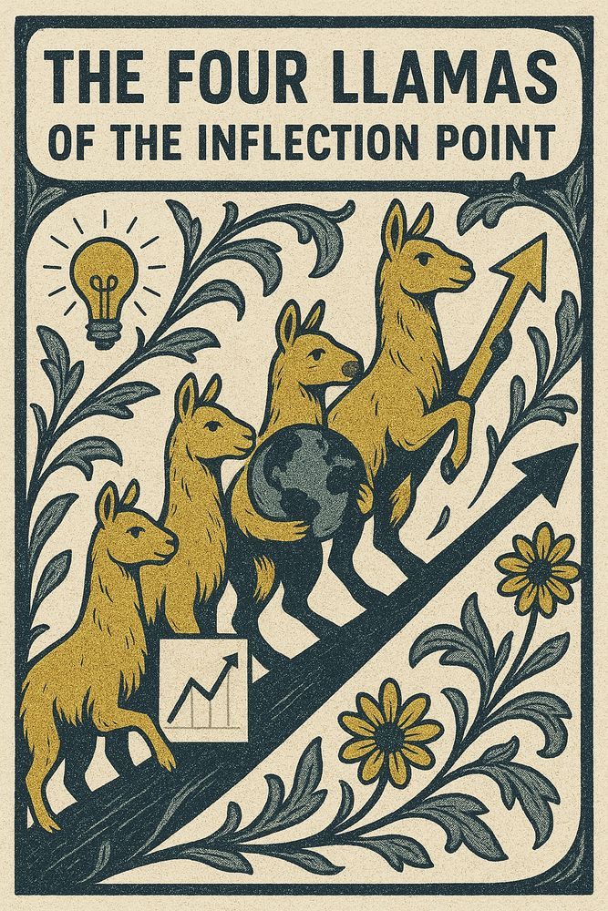 Artistic impression of four llamas climbing towards an inflection point.