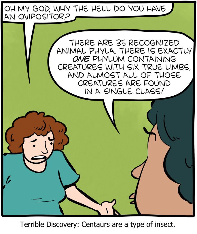 bd de smbc : une femme demande "aaah mais pourquoi t'as un ovipositeur ?" et la personne répond "il y a 35 phyla animaux reconnus. Un seul connu contient des créatures à six membres et presque toutes ces créatures sont de la même classe !" Ensuite la légende dit "terrible découverte : les centaures sont des insectes."