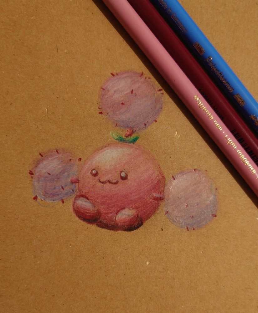 A colour pencil drawing of a shiny Jumpluff on brown paper