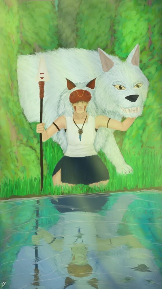 San with her wolf in the forest near water