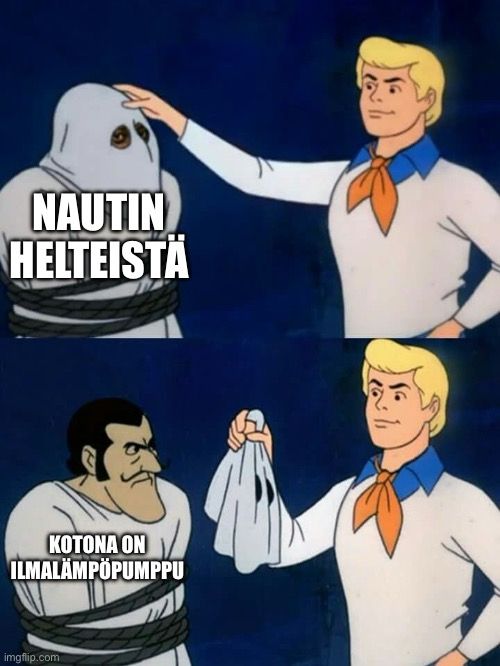 Ylemmässä kuvassa on naamioitu mies köytettynä tuoliin. Häneen on liitetty teksti ”nautin helteistä”. Alemmassa kuvassa naamio poistetaan ja tekstinä on ”kotona on ilmalämpöpumppu”.