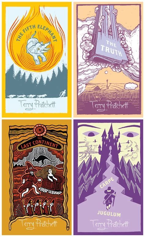 A collage of covers from the Discworld collectors editions: The Fifth Elephant, The Truth, The Last Continent, and Carpe Jugulum. 