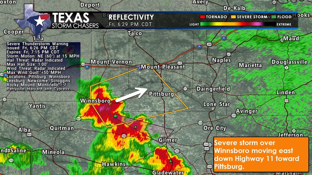 Radar image as of 6:29 PM CDT shows a severe thunderstorm near Winnsboro, TX, moving northeast toward Pittsburg along Highway 11. The storm is within a Severe Thunderstorm Warning area outlined in yellow, with radar reflectivity indicating strong intensity. Locations such as Leesburg, Newsome, Scroggins, and Gilmer are nearby.