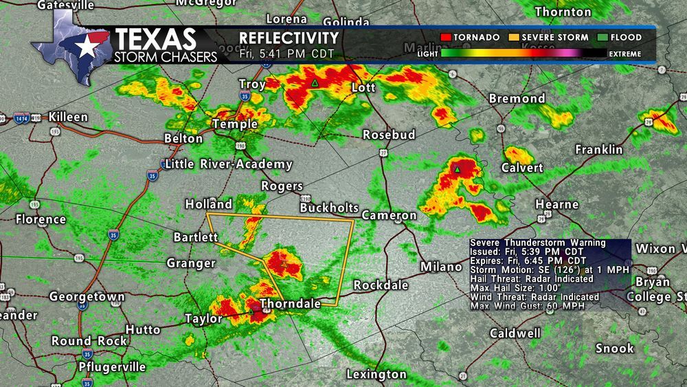 Radar image from 5:41 PM CDT on Friday, August 1, showing a severe thunderstorm warning for west-central Milam and south-central Bell Counties in Central Texas. A strong storm near Granger Dam is nearly stationary, producing quarter-size hail and wind gusts up to 60 MPH. Highlighted warning polygon covers areas near Thorndale, Bartlett, and Buckholts. Storms are scattered across Central Texas with ongoing rain and thunderstorm activity.