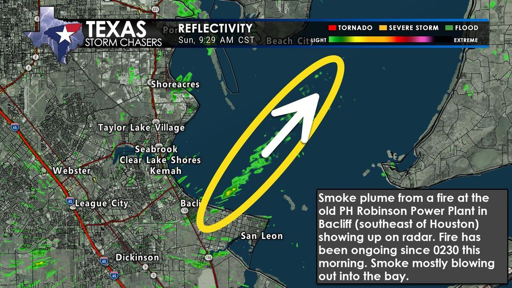 Radar image showing a smoke plume extending northeast from a fire at the old P.H. Robinson Power Plant in Bacliff, Texas, drifting out over Galveston Bay early Sunday morning. Nearby towns like League City, Seabrook, and San Leon are visible on the map.