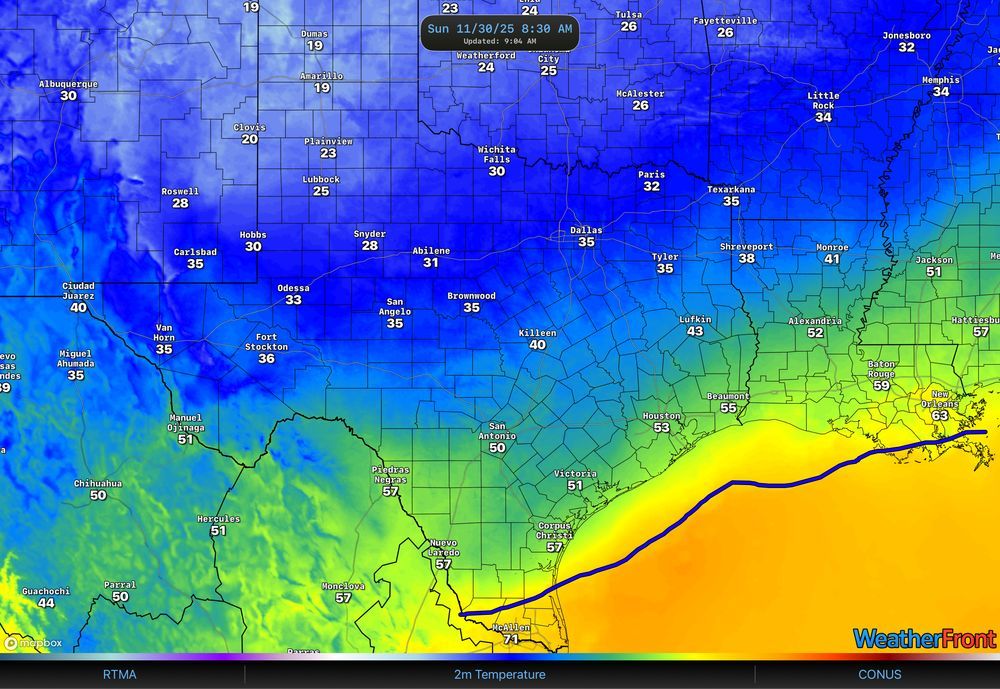 GOES-based RTMA temperature map from the morning of November 30, 2025, showing a sharp cold front stretched across the Texas Gulf Coast. Temperatures are in the 20s and 30s across the Panhandle, West Texas, North Texas, and Central Texas, with warmer 50s and 70s south of the front near Corpus Christi and the Rio Grande Valley.