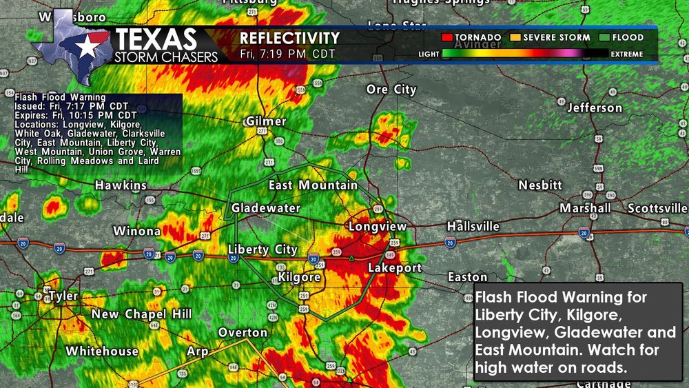 Radar image at 7:19 PM CDT showing heavy rain and flash flood warning for parts of Gregg, Rusk, and Upshur Counties in East Texas. Cities impacted include Longview, Kilgore, Gladewater, Liberty City, and East Mountain. Green outline indicates flash flood warning area. Red/yellow radar returns show very heavy rainfall over urban areas.