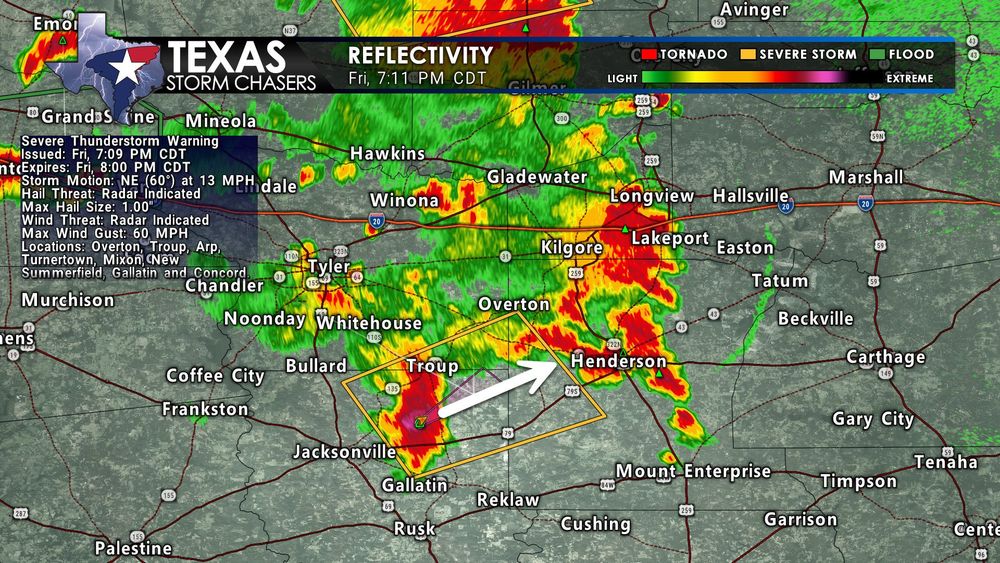 Radar reflectivity from 7:11 PM CDT shows a severe thunderstorm moving northeast through parts of northeastern Cherokee County and southeastern Smith County in East Texas. The storm is approaching Troup and heading toward Overton and Arp. A severe thunderstorm warning is in effect with potential for quarter-size hail and 60 MPH wind gusts.