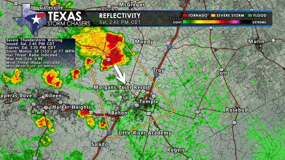 Radar image showing a severe thunderstorm warning in northeastern Bell County, Texas, valid until 3:30 PM CDT. The storm is moving southeast at 17 MPH with winds up to 60 MPH and hail up to 0.88 inches. Notable locations include Temple, Belton, Morgan's Point Resort, and Belton Lake. Radar timestamp is 2:43 PM CDT.