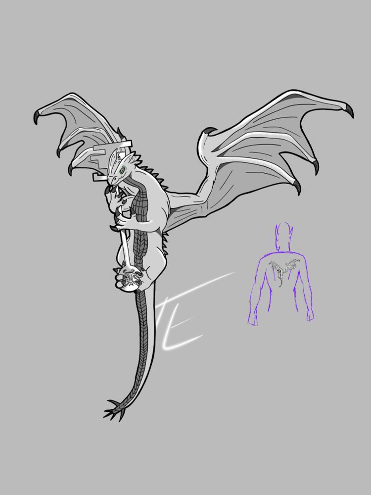 A digital drawing commission done it 2019 by Tessa Esquibel. A small dragon perched on a key and a representation of it on the back of a character sketch as a tattoo.