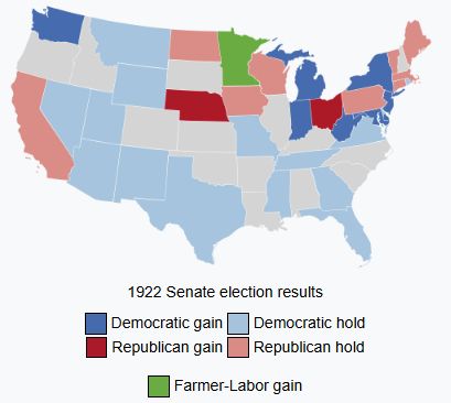 US map of the 1922 Senate election, which shows states in the usual red for republicans and blue for democrats. The only state in a different color is Minnesota, shown in bright green. 