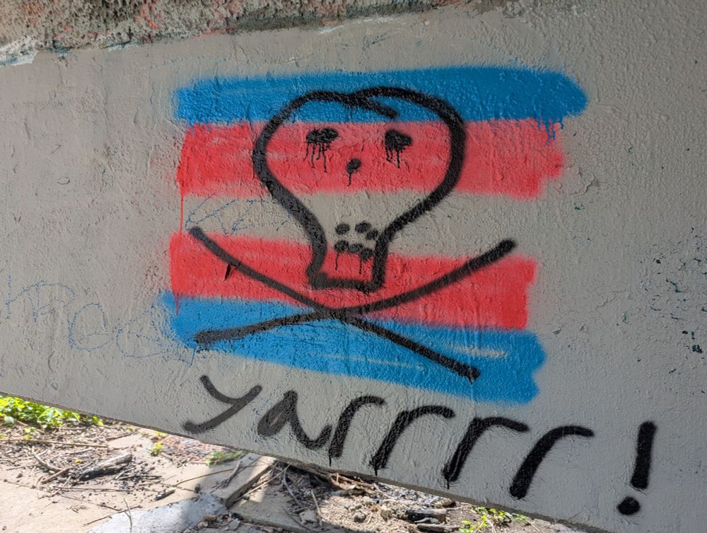 Blue pink white trans flag spray-painted, with a pirate skull symbol painted in black with the word YARRRR! underneath.