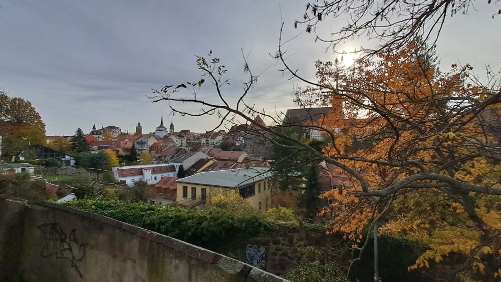 Bautzen - Blick vom Schützenplatz in Richtung der Altstadt  - von links - Wendischer Turm - Tur des Schülertores - Reichenturm - Gerberbastei - Dom St. Petri - Aufnahme - 31.10.2025