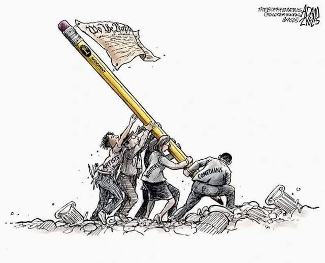 Comic by Adam Zyglis
Uses the motif of Raising the Flag on Iwo Jima (iconic photograph of six United States Marines raising the U.S. flag atop Mount Suribachi during the Battle of Iwo Jima in the final stages of the Pacific War, ref: Wikipedia)

Instead of the war-wrecked mountain top, the comic shows broken remnants of roman columns, symbolic of shattered pillars of democracy

Instead of a flag pole, a #2 yellow pencil but with "1st Amendment" instead
Instead of a flag, the declaration of independence "We the People" legible
The people raising the pencil/flag are labeled "artists" "writers" and "comedians"

The comic was published in The Comic News with the headline "Jimmy Kimmel Returns"