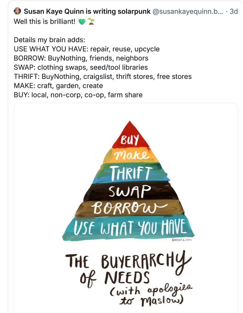 Susan Kaye Quinn is writing solarpunk‬ ‪@susankayequinn.bsky.social‬

Well this is brilliant! 💚🌱

Details my brain adds:
USE WHAT YOU HAVE: repair, reuse, upcycle
BORROW: BuyNothing, friends, neighbors
SWAP: clothing swaps, seed/tool libraries
THRIFT: BuyNothing, craigslist, thrift stores, free stores
MAKE: craft, garden, create
BUY: local, non-corp, co-op, farm shareThe Buyerarchy of Needs (with apologies to Maslow) by sarah lazarovic

Colorful pyramid like Maslow's with the following layers, bottom to top, going from largest to smallest (in quantity):

Bottom
Use what you have
Borrow
Swap
Thrift
Make
Buy
Top